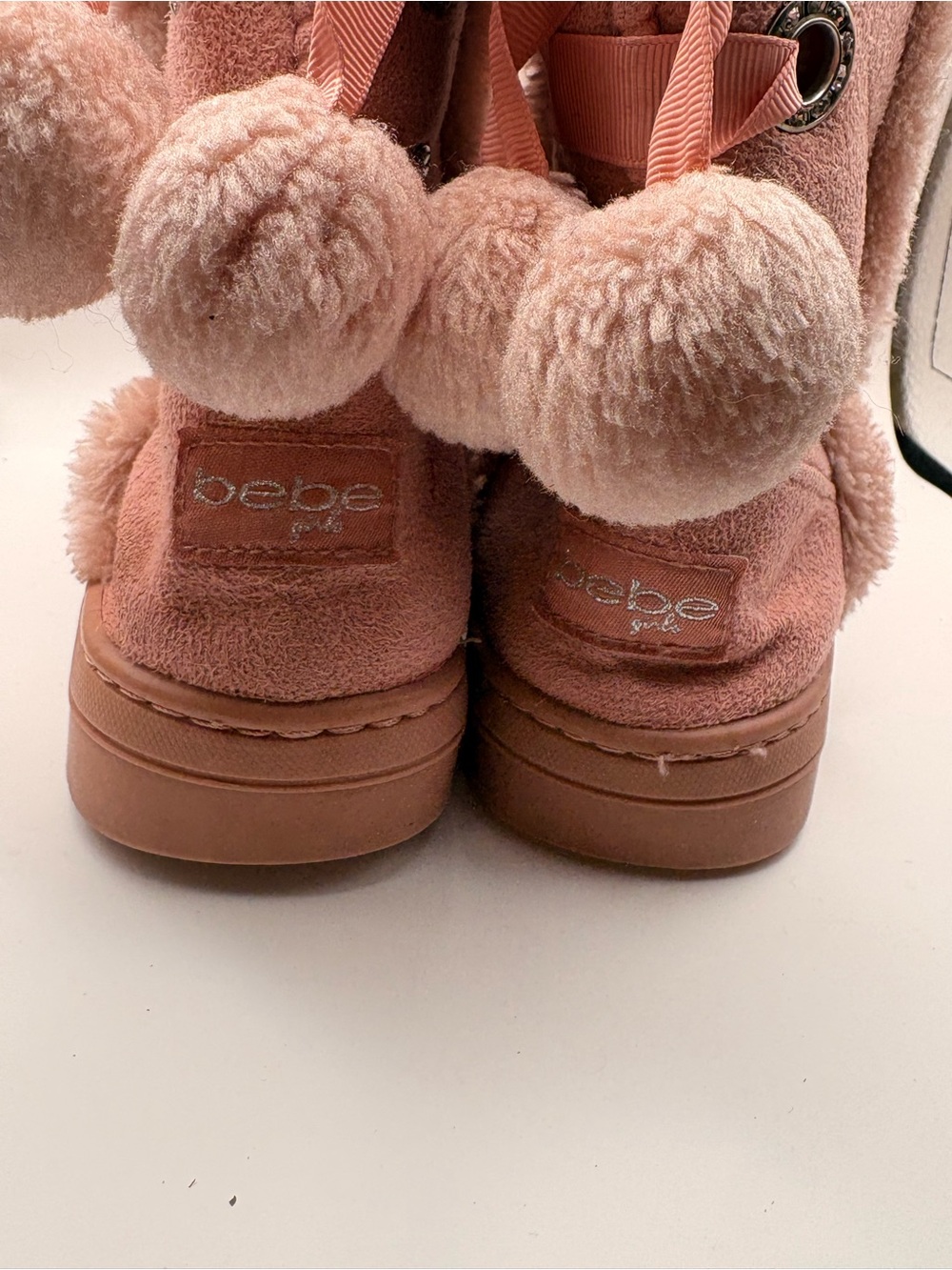 bebe Pink Suede Pom Pom Ankle Boots